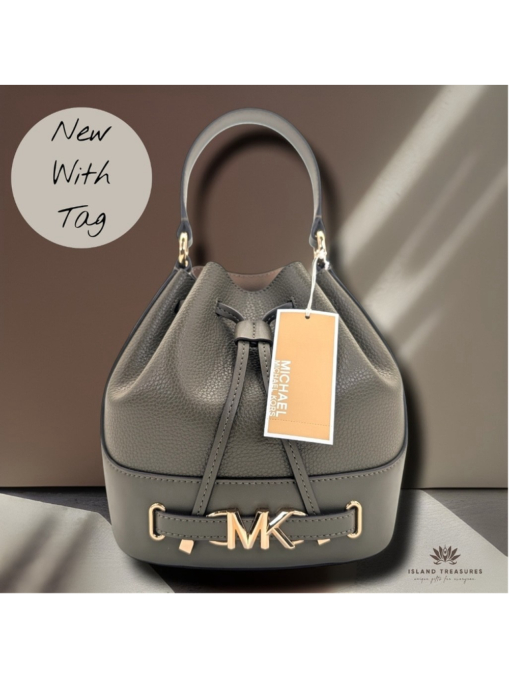 NWT Michael Kors Reed Belted Pebbled Leather Bucket Bag Olive